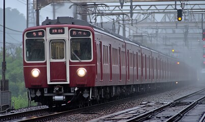 Obraz premium Red train arriving at station in rain