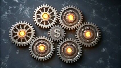 Industrial Gear Mechanisms with Illuminated Symbols Representing Finance and Business Concepts