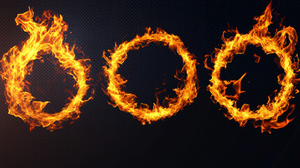 Ring fire flame, burning different shapes frames. Vector realistic mockup with ignited circle, square and rectangle borders, bright fiery banners isolated on transparent background