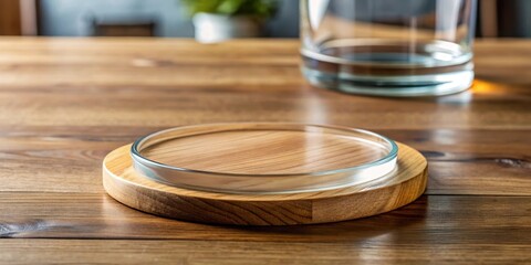 Obraz premium Wooden Coaster with Glassy Finish on Table Top, kitchen accessories, glassy finish