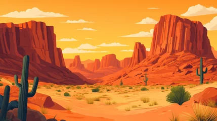Fototapete Rund Sunset canyon background. Desert cartoon bg vector. Western mountain landscape wild scene with orange sky. Mexican national park road design for summer journey. Red hot rock cliff land wallpaper © Sehraye
