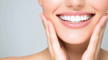Fototapeta premium Close up of a smiling woman gently touching her face, highlighting perfect teeth and luscious lips, radiating beauty, health, and the results of cosmetic enhancements