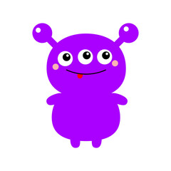 Violet Monster. Happy Halloween. Cartoon kawaii funny character. Colorful silhouette monsters. Cute face with three eyes, horns, tongue, hands. Childish style. Flat design. White background. Vector