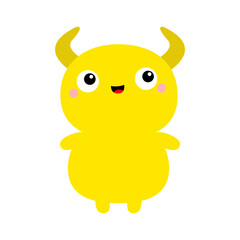 Obraz premium Yellow Monster. Happy Halloween. Cartoon kawaii funny character. Colorful silhouette monsters. Cute face with eyes, horns, hands. Childish baby collection. Flat design. White background. Vector