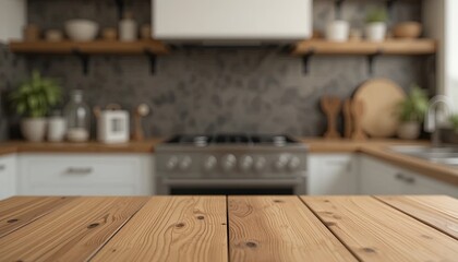 fEmpty Wooden Tabletop Against Softly Blurred Kitchen Background, Emphasizing Warmth and Simplicity for Cozy Home Environments.