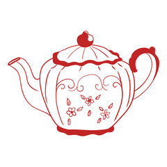 Tea Pot with Floral Patterns – Hand-Drawn Minimalist Vector Illustration of an Elegant Decorative Kitchen Item in an Ornate Linear Style