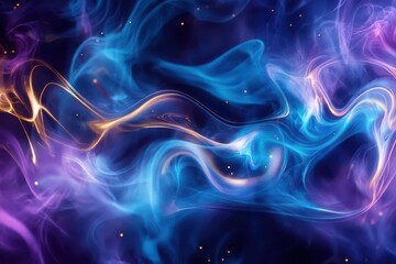 Fototapeta premium dynamic fluid art composition with iridescent blue and purple swirls, metallic gold accents, and ethereal smoke-like effects