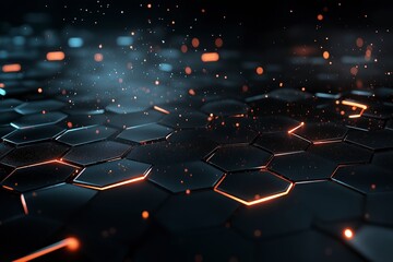 Fototapeta premium Dynamic hexagonal patterns illuminated with glowing edges create an ethereal atmosphere in a futuristic landscape. Generative AI