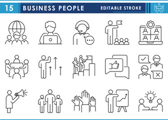 A set of line icons related to Business People. Businessman, trade, plan, unit, team, workers, and so on. Vector editable stroke.