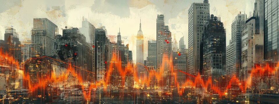 Burning city skyline with falling stock market graph overlay.