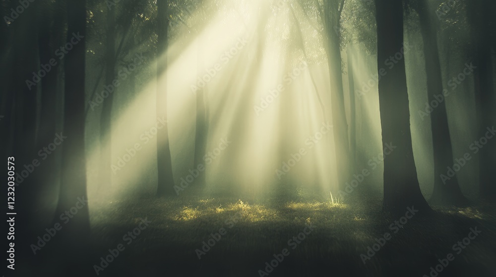Poster beams of sunlight piercing through dense morning fog in a mysterious forest, creating an ethereal, m