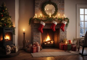 Cozy Christmas Eve scene with a stocking hung by the chimney, tree branch, stocking, chest of drawers
