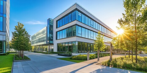 Modern office building with glass facade and landscaped surroundings under clear blue skies.