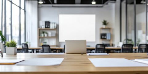 Modern office workspace with laptop, blank screen, and organized materials.