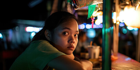 Obraz premium Portrait of Young Woman at Night Market Food Stall