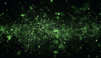 Abstract green glowing particles and plexus lines on black background.