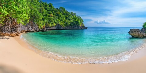 Fototapeta premium Serene beach with crystal clear water and lush green hills under a clear blue sky.
