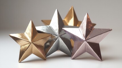 Obraz premium Bold metallic geometric stars on a transparent background, minimalist design for modern decor and digital projects.