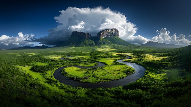 Meandering river, tepui mountain, Venezuela, dramatic sky, landscape, travel, nature photography