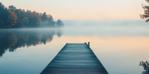 Fototapeta premium Serene misty morning by the lake with a wooden dock and calm waters reflecting nature.