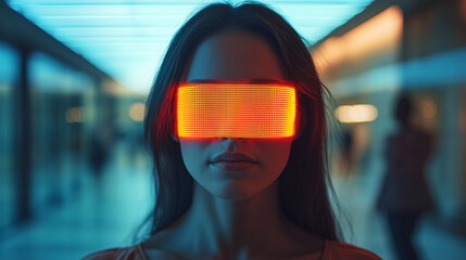 Futuristic woman wearing glowing red visor in urban setting, digital art