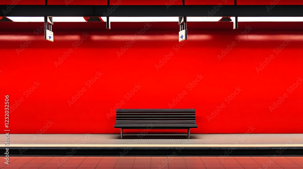 Poster empty black bench sits on a subway or metro platform with a vibrant red wall and overhead signage pr