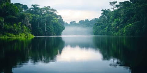 Obraz premium Serene river flowing through lush green forests under a misty sky.