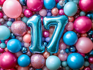 17th Birthday Celebration Concept with Balloons, Cake, and Number 17