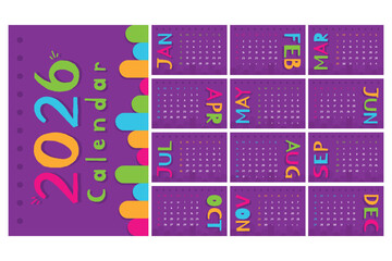 2026 abstract desk table calendar, January to December template vector design with vibrant color.