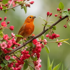 orange Bird on Blossoming Branch with red Flowers jpg