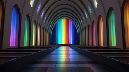 Vibrant light display in gothic archway cathedral digital art colorful ambiance artistic perspective illumination concept