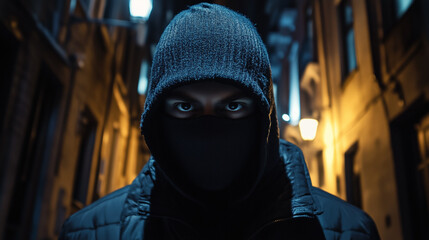 Mysterious figure gazing intensely in dim alleyway, suspenseful atmosphere