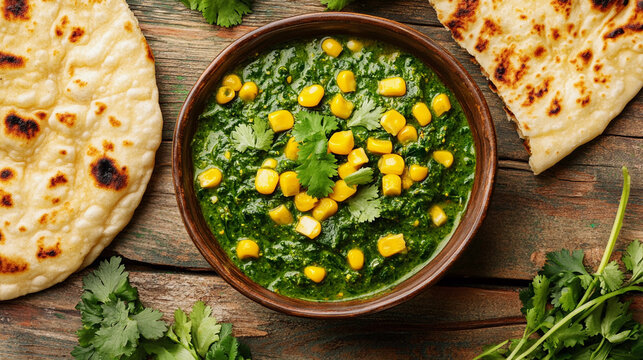 Corn palak sabji served with roti top view