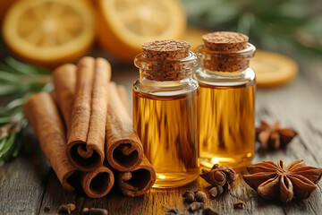 beautiful background 2 jars of oil around cinnamon cloves
