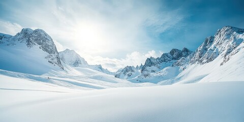 Obraz premium Stunning snow-covered mountains under a bright blue sky, creating a serene winter scene.