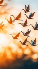 Obraz premium Origami Cranes Flying at Sunset Hope Peace Freedom Nature Paper Birds