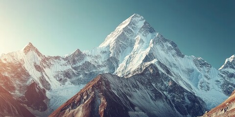 Stunning view of majestic snow-capped mountain peaks under a clear blue sky.