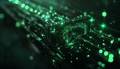 Abstract glowing green digital question mark cube in dark space.