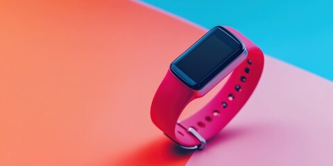 Stylish fitness tracker with a vibrant pink band on a colorful background.