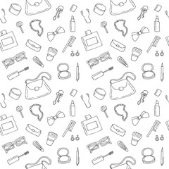 Women's pieces seamless pattern contents of a woman's bag, vector illustration hand-drawn doodles