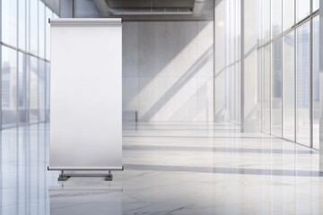 Blank retractable banner in modern, bright hall.