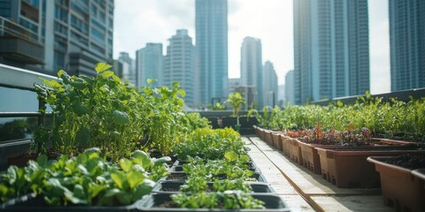 Fototapeta premium Urban garden thriving amidst modern skyscrapers, showcasing nature's resilience.