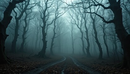  fEerie Halloween Woods with Misty Atmosphere and Twisted Trees, Creating Spooky Ambiance for Seasonal Themes.