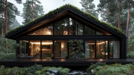 Modern eco-friendly house nestled in a serene forest, blending seamlessly with nature in twilight. Generative AI