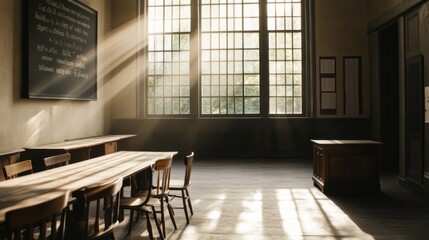 Sunbeams illuminate a vintage classroom with wooden desks, chairs, and a chalkboard.