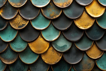 A close-up view of beautifully textured tiles with a mix of green and gold hues, showcasing architectural artistry.