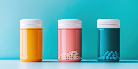 Fototapeta premium Vibrant jars with colorful pills on a blue background, symbolizing health and wellness.
