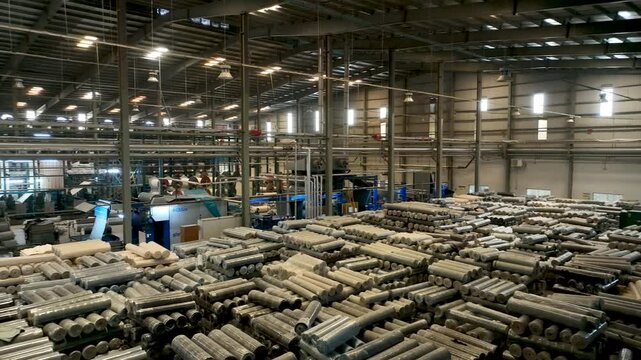 High-Tech Industrial Textile Manufacturing Factory with Machinery and Fabric Rolls 4K Aerial Footage