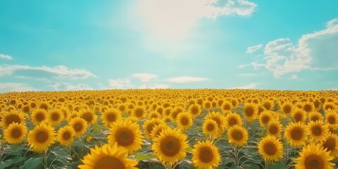 Fototapeta premium Vibrant sunflowers blooming under a bright blue sky during sunny summer days.