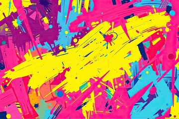Vibrant Abstract Painting: Energetic Pink, Yellow, and Cyan Splashes